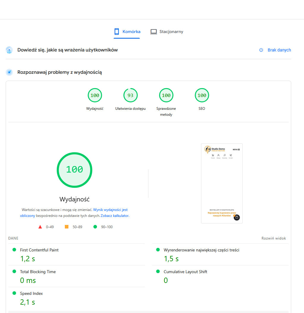Wyniki PageSpeed Insights dla telefonów komórkowych